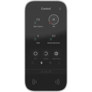 Melna bezvadu tastatūra Ajax KeyPad TouchScreen ar skārienekrānu un bezkontakta autorizāciju