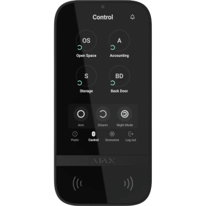 Melna bezvadu tastatūra Ajax KeyPad TouchScreen ar skārienekrānu un bezkontakta autorizāciju
